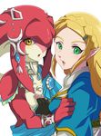  blonde_hair braid capelet crescent crescent_hair_ornament fingerless_gloves fins fish_girl french_braid gloves green_eyes hair_ornament hairclip jewelry long_hair looking_at_viewer mipha multicolored multicolored_skin multiple_girls necklace no_eyebrows open_mouth pointy_ears princess_zelda red_skin rem_sora410 the_legend_of_zelda the_legend_of_zelda:_breath_of_the_wild tunic white_skin yellow_eyes zora 