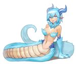  bare_shoulders blue_eyes blue_hair blush breasts cleavage highres horns lamia large_breasts looking_at_viewer monster_girl navel original parted_lips paws pointy_ears short_hair simple_background sitting smile solo sookmo white_background yokozuwari 