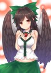  absurdres blush bow breasts brown_hair cleavage closed_mouth eyebrows_visible_through_hair green_bow hair_bow hands_on_own_chest highres large_breasts long_hair looking_at_viewer phano_(125042) red_eyes reiuji_utsuho smile touhou wings 