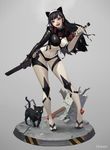  :d absurdres animal_ears black_cat black_hair bodysuit breasts cat cat_ears character_name collar commentary concrete faux_figurine full_body hairband head_tilt highres holding holding_sword holding_weapon kim_han_seul leaning_forward leaning_to_the_side long_hair medium_breasts open_mouth original rebar sheath sheathed slit_pupils smile standing sword weapon yellow_sclera 