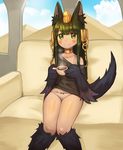  absurdres animal_ears anubis_(monster_girl_encyclopedia) blush bra_strap closed_mouth collarbone commission cup dog_ears dog_tail green_eyes green_hair highres holding holding_cup long_hair looking_at_viewer monster_girl monster_girl_encyclopedia panties sitting smile solo sookmo steam tail tail_raised underwear white_panties 