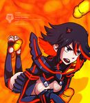  1girl black_hair breasts disembodied_penis footjob furanh highlights kill_la_kill legwear lying matoi_ryuuko multiple_penises on_stomach open_mouth penis shiny shiny_skin solo thighhighs toeless_legwear uncensored 