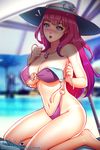  1girl areola_slip areolae bikini bikini_tan blue_eyes blush breasts hat jewelry large_breasts long_hair navel necklace o-ring o-ring_bikini open_mouth original pink_hair pink_lady_mage pink_lady_mage_(character) pool seiza sitting solo_focus summer sun_hat swimsuit tan tanline untied untied_bikini 
