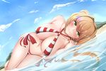  absurdres beach bikini blonde_hair breasts commentary criss-cross_halter day fate/grand_order fate_(series) green_eyes halterneck highres huge_filesize jay87k large_breasts looking_at_viewer lying nero_claudius_(fate)_(all) nero_claudius_(swimsuit_caster)_(fate) on_side outdoors side-tie_bikini sky smile swimsuit 