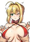  1girl ahoge alternate_costume artist_name bangs bare_shoulders blonde_hair blush braid breast_grab breasts clenched_hand closed_mouth collarbone covered_nipples crying crying_with_eyes_open eyebrows eyebrows_visible_through_hair eyelashes fate/extra fate/extra_ccc fate_(series) french_braid grabbing green_eyes groping hair_between_eyes hair_bun hair_intakes hair_ribbon hand_up highres huge_breasts large_breasts long_hair looking_at_viewer nero_claudius_(fate) nero_claudius_(fate)_(all) nipples one_eye_closed red_ribbon red_swimsuit ribbon shiny shiny_hair shiny_skin signature simple_background sketch slingshot_swimsuit solo_focus standing sweat sweatdrop swimsuit tears the-sinner upper_body white_background 