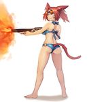  absurdres animal_ears ass barefoot blue_eyes blush breasts cat_ears cat_tail commission final_fantasy final_fantasy_xiv firing from_behind goggles goggles_on_head gun highres holding holding_gun holding_weapon large_breasts looking_away machinist_(final_fantasy) miqo'te parted_lips red_hair smile solo sookmo tail tail_through_clothes weapon 