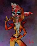  2017 anthro artbirchly_(artist) avian beak bird blood bloodstain blue_eyeshadow bodysuit breasts clothing disney ducktales ducktales_(2017) female gabby_mcstabberson hood looking_at_viewer melee_weapon simple_background skinsuit solo sword tight_clothing undressing weapon 