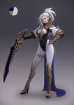  absurdres armor asymmetrical_bangs bangs breasts closed_mouth commentary full_body gauntlets gradient gradient_background hand_on_hip head_tilt high_heels high_ponytail highres holding holding_sword holding_weapon kim_han_seul looking_at_viewer medium_breasts original purple_eyes silver_hair solo standing sword underboob weapon 