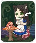  1girl alice:_madness_returns alice_(wonderland) alice_in_wonderland american_mcgee&#039;s_alice apron black_hair blood boots cat_ears dress drink green_eyes long_hair mizuno_mumomo sitting tea 