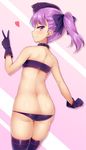  ass back bandeau bangs bare_back bare_shoulders black_legwear blush bow choker closed_mouth cowboy_shot dimples_of_venus eyebrows_visible_through_hair fate/grand_order fate_(series) from_behind gloves gradient gradient_background hair_bow hat heart helena_blavatsky_(fate/grand_order) helena_blavatsky_(swimsuit_archer)_(fate) highres kuragari looking_back lowleg lowleg_panties panties profile purple_choker purple_eyes purple_gloves purple_hair purple_hat purple_legwear purple_panties short_hair side_ponytail smile solo standing strapless thighhighs tsurime underwear v 