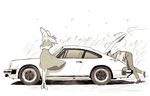  1girl car commentary_request dress girls_und_panzer ground_vehicle hat itsumi_erika ladic long_hair monochrome motor_vehicle original outdoors porsche porsche_911 sepia sketch sun_hat 