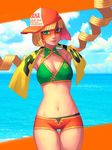  arms_(game) beach bellhenge bikini bikini_shorts blonde_hair blue_sky breasts cleavage cloud day green_bikini_top green_eyes hat looking_at_viewer mask medium_breasts min_min_(arms) mismatched_bikini navel ocean orange_bikini_bottom short_hair shorts sky smile solo stomach swimsuit thigh_gap towel towel_around_neck 