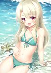  :d arm_support bangs beach bikini blonde_hair blush breasts collarbone commentary_request day eyebrows_visible_through_hair fate/kaleid_liner_prisma_illya fate_(series) green_bikini hair_between_eyes hand_on_own_stomach highres illyasviel_von_einzbern long_hair looking_at_viewer magical_ruby navel ocean open_mouth outdoors platinum_blonde_hair red_eyes side-tie_bikini sitting small_breasts smile solo swimsuit thighs tomifumi wand wet 
