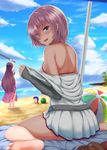  2girls ball barefoot beach beachball blue_sky blurry cameltoe cloud cloudy_sky commentary day depth_of_field dress dress_swimsuit eyes_visible_through_hair fate/grand_order fate/stay_night fate_(series) food fruit grey_jacket hair_over_one_eye holding jacket lancer long_hair looking_at_viewer looking_back mash_kyrielight multiple_girls ocean okuriyuku outdoors pink_sarong pleated_dress purple_eyes purple_hair sand sandals_removed sarong scathach_(fate)_(all) scathach_(swimsuit_assassin)_(fate) see-through_silhouette short_hair sitting sky standing suikawari swimsuit swimsuit_of_perpetual_summer translucent_sarong wariza watermelon white_swimsuit 