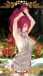  adjusting_hair alternate_costume areola_slip areolae armpits arms_up bangs bare_arms bare_shoulders blush breasts commentary cowboy_shot dress fate/grand_order fate_(series) flower grey_sweater hair_between_eyes highres large_breasts long_hair looking_at_viewer meme_attire parted_lips pink_hair ponytail profile red_eyes red_flower ribbed_sweater scathach_(fate)_(all) scathach_(fate/grand_order) sleeveless sleeveless_turtleneck smile solo standing star sweater sweater_dress turtleneck turtleneck_sweater tying_hair virgin_killer_sweater watermark web_address yijian_ma 