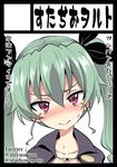  anchovy bangs black_border black_cape black_ribbon blush border cape circle_cut closed_mouth commentary drill_hair embarrassed girls_und_panzer green_hair hair_ribbon long_hair looking_at_viewer miyao_ryuu no_shirt portrait red_eyes ribbon smile solo sweat sweatdrop translated twin_drills twintails 