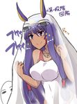  &gt;:) bangs bed_sheet blue_eyes blush breasts closed_mouth commentary_request competition_swimsuit dark_skin doyagao egyptian eyebrows_visible_through_hair fate/grand_order fate_(series) hair_tubes hairband hands_up large_breasts long_hair medjed nitocris_(fate/grand_order) nitocris_(swimsuit_assassin)_(fate) one-piece_swimsuit photobomb purple_hair sidelocks simple_background smile solo sparkle swimsuit v-shaped_eyebrows very_long_hair white_background white_swimsuit yuuma_(noel) 