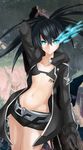  absurdres arm_up belt black_bra black_coat black_gloves black_hair black_rock_shooter black_rock_shooter_(character) black_shorts blue_eyes bra burning_eyes collarbone cowboy_shot gloves groin hair_between_eyes highres long_hair looking_at_viewer midriff navel nez-kun short_shorts shorts solo standing stomach underwear watermark 