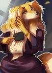  anthro bracelet brown_fur brush canine clothed clothing dog dogmom female fluffy_ears fur jewelry looking_at_viewer lordmegatroll-dicc mammal pants shirt solo yellow_eyes 