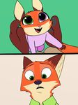  2017 4_fingers anthro canine clothing comic cub disney duo father feels fox fur heterochromia hi_res hybrid lagomorph male mammal nick_wilde parent rabbit skeletonguys-and-ragdolls squeaker violet_(zootopia) yellow_fur young zootopia 