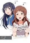  absurdres black_hair blue_eyes blush breasts brown_eyes brown_hair commentary_request highres idolmaster idolmaster_million_live! j.roswel kitazawa_shiho long_hair looking_at_viewer medium_breasts mogami_shizuka multiple_girls open_mouth personality_switch smile translation_request 