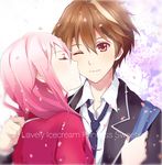  1girl black_jacket black_neckwear brown_hair cheek_kiss cherry_blossoms closed_eyes couple guilty_crown hair_between_eyes hetero highres jacket kiss long_hair necktie one_eye_closed open_clothes open_jacket ouma_shuu pink_hair red_eyes red_shirt shirt upper_body white_shirt yukilus yuzuriha_inori 