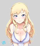  artist_logo blonde_hair blush bowieknife breast_squeeze breasts cleavage closed_mouth collarbone grey_background hair_down idolmaster idolmaster_cinderella_girls large_breasts long_hair looking_at_viewer o-ring o-ring_top ootsuki_yui sidelocks simple_background smile solo sweat upper_body 