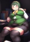  :d absurdres belly big_belly blush breasts fat finger_to_cheek fusa_(starless2323) green_hair green_vest headset highres idolmaster idolmaster_(classic) large_breasts love_handles mole mole_under_mouth open_mouth otonashi_kotori plump seductive_smile short_hair sitting skirt smile thick_thighs thighhighs thighs undersized_clothes vest 