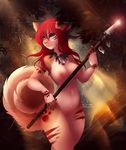  anthro belayalapa blue_eyes breasts detailed_background feline female fluffy fluffy_tail forest front_view fur hair hi_res jewelry long_hair mammal markings melee_weapon navel necklace nipples nude outside pink_nipples polearm pussy red_hair smile solo spear standing tan_fur tree tribal weapon 