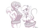  2017 anthro areola big_breasts bottomless breasts cat chip_&#039;n_dale_rescue_rangers clothed clothing crossover disney don_ko duo eyelashes eyewear feline female gadget_hackwrench goggles hair kitty_katswell long_hair looking_at_viewer mammal monochrome mouse nickelodeon nipple_bulge nipples pussy rodent simple_background smile sweater t.u.f.f._puppy virgin_killer_sweater white_background 