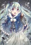  :d bad_id bad_pixiv_id black_bow black_gloves black_ribbon blue_eyes blue_hair bow capelet dress eyebrows_visible_through_hair fingerless_gloves floating_hair fuyu_no_yoru_miku gloves grey_dress hair_bow hatsune_miku long_hair looking_at_viewer open_mouth ribbon smile solo striped tadaomi_(amomom) twintails vertical-striped_dress vertical_stripes very_long_hair vocaloid 