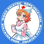  apron armband blush_stickers character_name check_commentary commentary_request hat iesupa nora_valkyrie nurse nurse_cap orange_hair rwby rwby_chibi smile solo 
