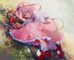  blood blood_on_face bobby_socks cherry_blossoms frilled_skirt frilled_sleeves frills grass highres holding holding_head holding_knife isshin_(kaxz) knife komeiji_satori long_sleeves lying mary_janes pink_eyes pink_hair shoes skirt socks solo third_eye touhou 