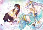  aladdin_(character) aladdin_(character)_(cosplay) anastasia_(fate/grand_order) barefoot blue_eyes carnelian cosplay doll fate/grand_order fate_(series) genie harem_outfit harem_pants jewelry kadoc_zemlupus navel oil_lamp pants silver_hair smoke turban wide_sleeves yellow_eyes 