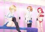  arms_behind_back bangs black_bow black_legwear blonde_hair blue_bra blue_eyes blue_panties blue_skirt bow bow_bra bra braid breasts brown_eyes closed_eyes commentary_request darjeeling dress_shirt from_behind girls_und_panzer hair_bow locker locker_room long_hair long_sleeves looking_at_another medium_breasts miniskirt multiple_girls open_clothes open_mouth open_shirt orange_hair orange_pekoe panties pantyhose pantyhose_pull parted_bangs parted_lips pleated_skirt red_bra red_hair red_panties rosehip sausan school_uniform shirt short_hair sitting skirt skirt_lift smile st._gloriana's_school_uniform standing tied_hair twin_braids underwear underwear_only undressing white_shirt yellow_bra yellow_panties 