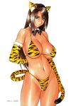  1girl 90s animal_ears animal_print arm_behind_back bikini blue_eyes breasts brown_hair cowboy_shot dated detached_collar elbow_gloves fake_animal_ears fake_tail fur_trim gloves halter_top halterneck highres inoue_takuya large_breasts long_hair looking_at_viewer navel original parted_lips simple_background solo swimsuit tail tiger_ears tiger_print tiger_tail white_background 