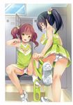  :d absurdres ass azuma_yuki bench black_hair blush brown_eyes brown_hair cameltoe cheerleader eyebrows_visible_through_hair green_panties green_shorts hair_between_eyes hair_bobbles hair_ornament heart heart_hair_ornament highres huge_filesize locker locker_room long_hair looking_at_another looking_at_viewer melonbooks multicolored multicolored_clothes multiple_girls non-web_source open_mouth panties panties_around_one_leg ponytail profile scan shoes short_hair shorts shorts_removed sitting smile sneakers standing striped striped_panties twintails underwear undressing white_legwear white_panties yellow_eyes 
