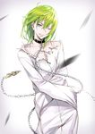  bangs blurry chain collar depth_of_field enkidu_(fate/strange_fake) enkidu_(weapon) fate/strange_fake fate_(series) green_hair grey_eyes hair_between_eyes key leash long_hair looking_at_viewer md5_mismatch mouth_hold one_eye_closed parted_lips robe shijiu_(adamhutt) smile solo straitjacket teeth torn_clothes zipper 