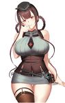  bangs black_legwear black_neckwear blunt_bangs blush braid breasts brown_hair closed_mouth commentary_request corset cowboy_shot dsr-50_(girls_frontline) eyebrows_visible_through_hair garrison_cap gg-e girls_frontline grey_skirt hand_up hat highres large_breasts long_hair looking_at_viewer military_hat miniskirt necktie pencil_skirt pouch red_eyes ribbed_shirt shirt sidelocks simple_background single_thighhigh skirt smile solo strap thick_thighs thighhighs thighs turtleneck underbust white_background 