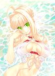  ahoge akino_sora bikini blonde_hair breasts breasts_apart closed_mouth commentary_request contrapposto fate/grand_order fate_(series) green_eyes hair_intakes highres large_breasts long_hair looking_at_viewer lying navel nero_claudius_(fate)_(all) nero_claudius_(swimsuit_caster)_(fate) on_back partially_submerged red_bikini see-through sidelocks smile solo striped striped_bikini swimsuit water wet wet_clothes 