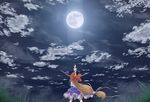  arm_up blue_skirt bow brown_hair cloud cloudy_sky commentary_request cowboy_shot from_behind full_moon hair_bow horn_ribbon horns ibuki_suika layered_skirt long_hair low-tied_long_hair moon moonlight night night_sky outdoors outstretched_arm red_bow ribbon shirt skirt sky sleeveless sleeveless_shirt solo touhou tsukidaruma very_long_hair white_shirt 