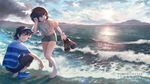  1girl barefoot baseball_cap beach black_hair brown_eyes capri_pants closed_eyes cloud copyright_name day green_shorts grin hat holding holding_shoes melso mizuki_(pokemon) ocean open_mouth outdoors pants pokemon pokemon_(game) pokemon_sm sand shirt shoes shoes_removed short_hair short_sleeves shorts sky smile squatting striped striped_shirt teeth tied_shirt water you_(pokemon) z-ring 