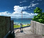  bag beach bird black_hair cloud commentary day horizon long_hair looking_afar manhole mocha_(cotton) ocean original outdoors road rock scenery school_bag school_uniform serafuku shadow shoes signature sky sneakers solo stone telephone_pole tree wall water wide_shot 