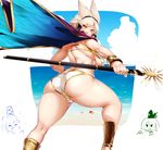  arched_back ass bare_back beach blonde_hair breasts brown_eyes cape day headphones large_breasts long_hair looking_at_viewer looking_back mononobe_no_futo multiple_girls muscle ocean sekiyu_(spartan) soga_no_tojiko solo_focus staff thick_thighs thighs toned touhou toyosatomimi_no_miko underboob 
