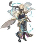  1boy aladdin_(sinoalice) anklet blonde_hair blue_eyes bracelet eyebrows_visible_through_hair eyes_visible_through_hair full_body gold_trim hair_over_one_eye hand_on_hilt japanese_clothes jewelry ji_no katana kimono looking_at_viewer official_art oil_lamp one_eye_closed sandals scarf sheath sinoalice smile socks solo sword transparent_background weapon wide_sleeves 
