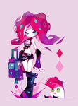  amakusa_(hidorozoa) aqua_eyes armor belt bike_shorts black_footwear black_shorts boots fingerless_gloves full_body gloves holding holding_weapon looking_at_viewer midriff no_mouth octarian octoling octoshot_(splatoon) red_hair short_hair shorts splatoon_(series) standing standing_on_one_leg takozonesu tentacle_hair weapon 