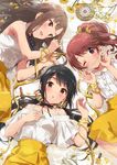  bare_shoulders black_hair blush brown_eyes brown_hair commentary_request flower hair_ribbon highres idolmaster idolmaster_cinderella_girls long_hair looking_at_viewer lying mellow_yellow mizumoto_yukari multiple_girls nail_polish nakano_yuka ok_sign on_back one_eye_closed open_mouth ponytail purple_eyes ribbon shiina_noriko shirt skirt sleeveless sleeveless_shirt smile sonsoso twintails white_shirt yellow_ribbon yellow_skirt 