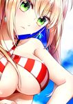  bangs bare_arms bare_shoulders bikini blonde_hair blue_sky breast_hold breasts cleavage close-up closed_mouth cloud cloudy_sky collarbone commentary_request criss-cross_halter day earrings eyebrows_visible_through_hair eyelashes fate/extra fate/grand_order fate_(series) glint green_eyes hair_between_eyes hair_intakes halter_top halterneck jewelry large_breasts long_hair looking_at_viewer nero_claudius_(fate)_(all) nero_claudius_(swimsuit_caster)_(fate) outdoors pink_lips sayvi sidelocks sky solo strap_gap striped striped_bikini swimsuit twintails underboob upper_body wet wet_hair 