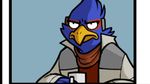  angry annoyed anthro avian awkwardzombie beverage bird blue_feathers clothing coffee_cup cup falco_lombardi falcon feathers food gloves hi_res holding_cup katie_tiedrich male mammal nintendo star_fox video_games 