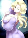  ass blonde_hair breasts cleavage dress gloves green_eyes kous_(onetwojustice) large_breasts long_hair looking_back parted_lips pokemon pokemon_(game) pokemon_oras prim_(pokemon) purple_dress solo standing white_gloves white_neckwear 